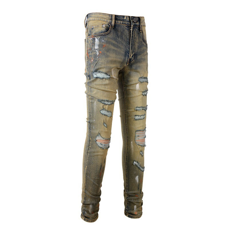 High Street Graffiti Ripped Patch Jeans Vintage Stretch Slim Jeans #6557