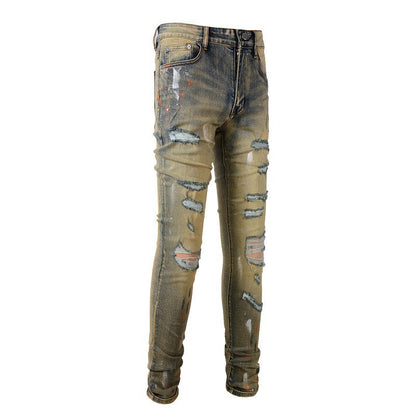 High Street Graffiti Ripped Patch Jeans Vintage Stretch Slim Jeans #6557