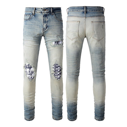 High Street Jeans Men's Ripped Black and White Patch Beggar Slim Jeans #1336