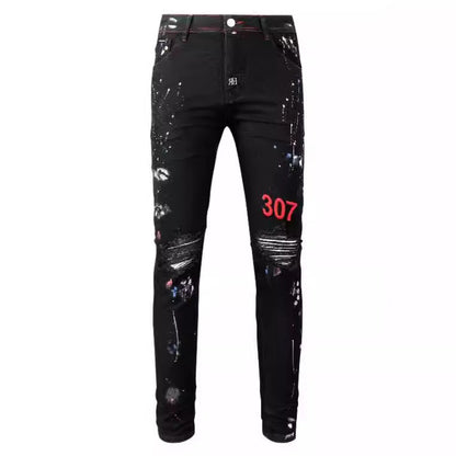 Jean slim coupe droite avec détails déchirés, brodés et peints pour un style urbain