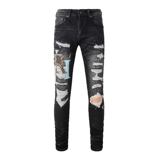 Street Colorful Letter Embroidery Ripped Patch Slim fit Small Foot Jeans