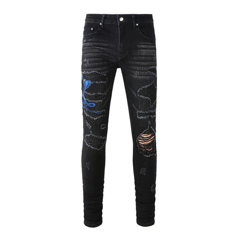 Street Embroidery, A Patch, Small footed Jeans, Men's Personalized Large size Casual Pants #1345