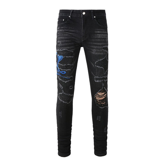 Street Embroidery, A Patch, Small footed Jeans, Men's Personalized Large size Casual Pants #1345