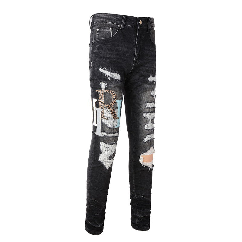 Street Colorful Letter Embroidery Ripped Patch Slim fit Small Foot Jeans