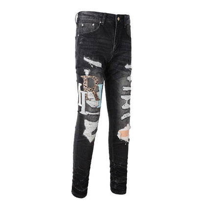Street Colorful Letter Embroidery Ripped Patch Slim fit Small Foot Jeans