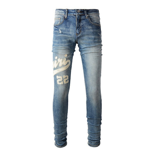 High Street Jeans Letter Sticker Leather Embroidery Elastic Slim Jeans Men #1311