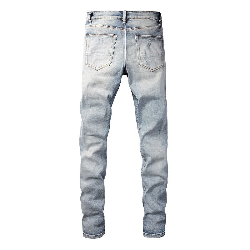 Hole Patch Colorful Gradual Change Jeans Elastic Slim High Street Jeans 6646