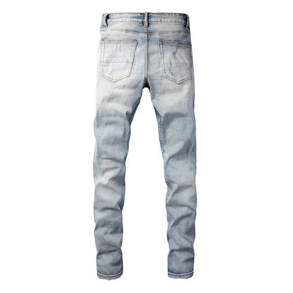 Hole Patch Colorful Gradual Change Jeans Elastic Slim High Street Jeans 6646