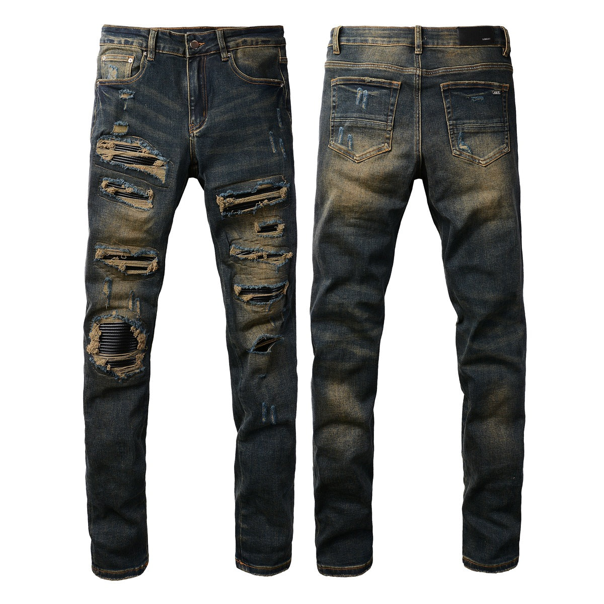 Jean slim stretch noir avec délavage vintage et détails en similicuir 8832
