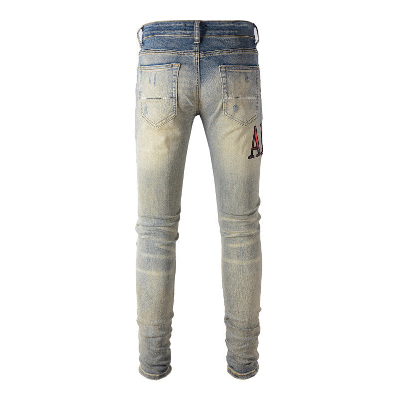 Street Letter Embroidered Jeans Blue Elastic Slim fit Jeans #888