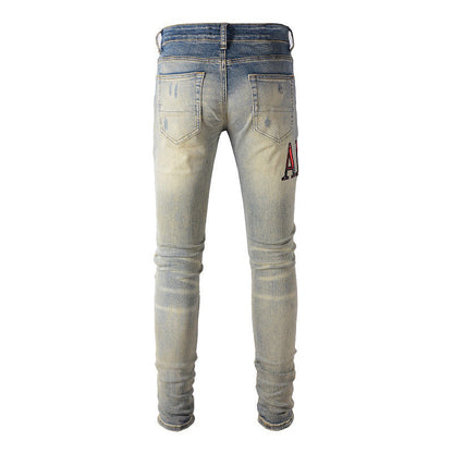 Street Letter Embroidered Jeans Blue Elastic Slim fit Jeans #888