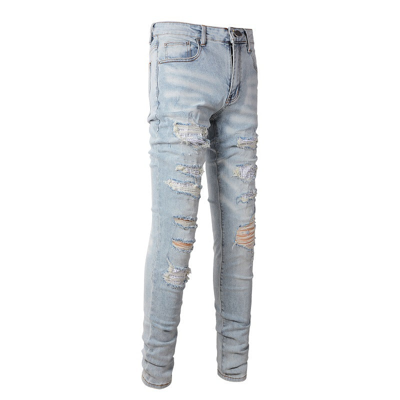 Jeans Retro Jeans Diamond encrusted Men's Jeans Elastic and Slim #808