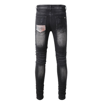 Street Denim Ripped Micro elastic Cotton Youth Black Paint splashed Back Bag Print Skinny Jeans #859