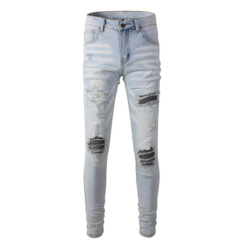 High Street Light Blue Patch Embroidery Flower Patch Slim Fit Ripped Jeans Men