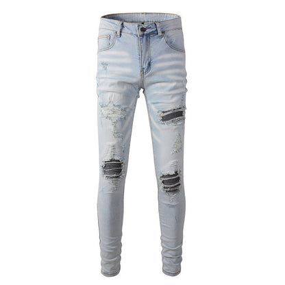 High Street Light Blue Patch Embroidery Flower Patch Slim Fit Ripped Jeans Men