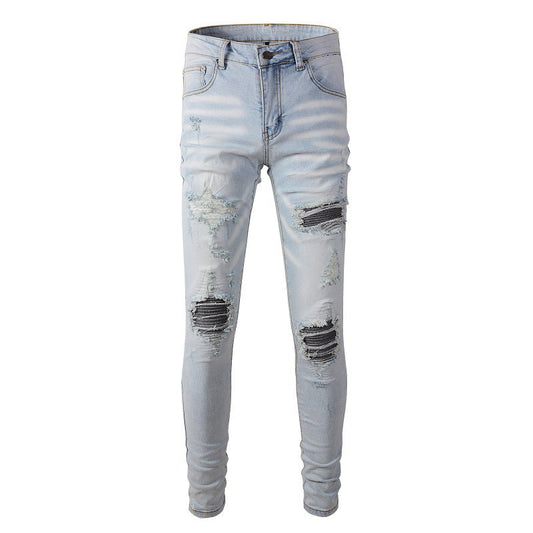 High Street Light Blue Patch Embroidery Flower Patch Slim Fit Ripped Jeans Men