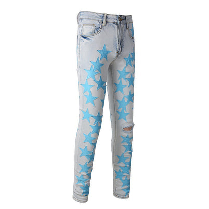 Ripped High Street Sticker Star Jeans High Craftsmanship Elastic Slim Fit #856