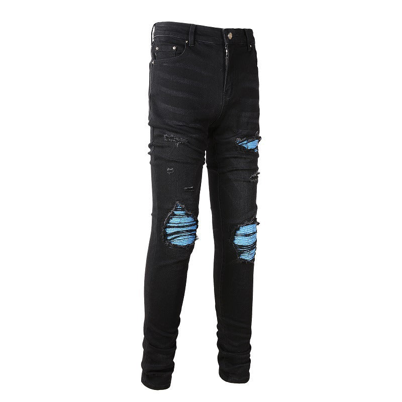 Jean slim bleu pour homme avec motif patchwork et froissé pour un style urbain 8870