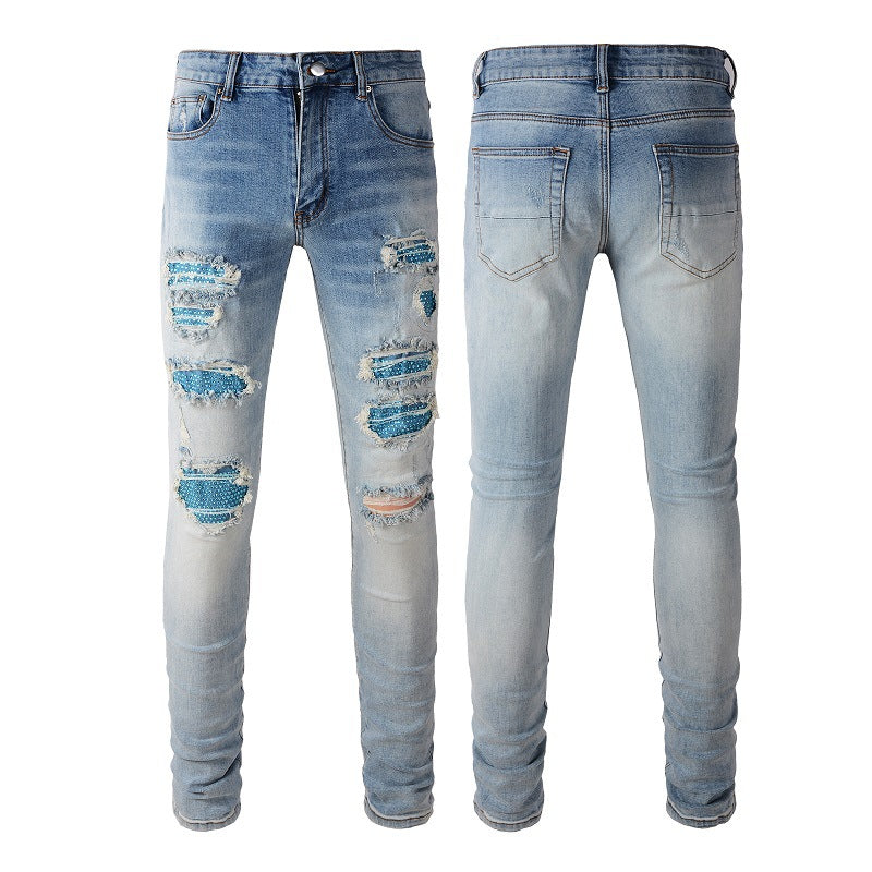 Blue Diamond Hot Diamond Jeans Ripped High Street Patch Stretch Slim Jeans