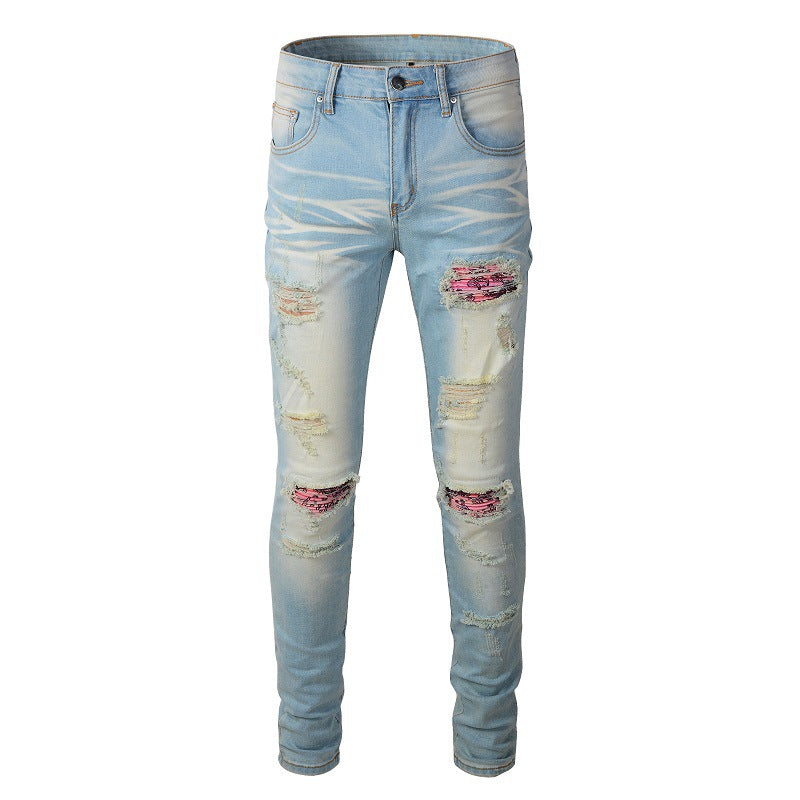 589 High Street Ripped Jeans Vintage Ripped Patch Slim Fit Pants Jeans
