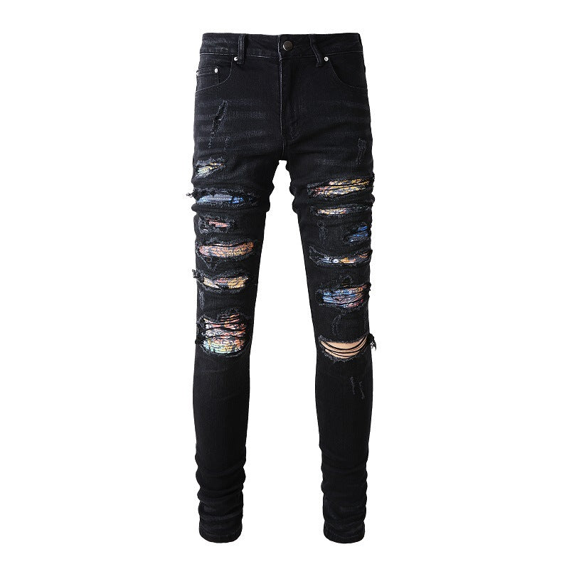 High Street Ripped Patch Jeans Men's Patch Elastic Slim fitting Pants #875