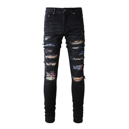 High Street Ripped Patch Jeans Men's Patch Elastic Slim fitting Pants #875