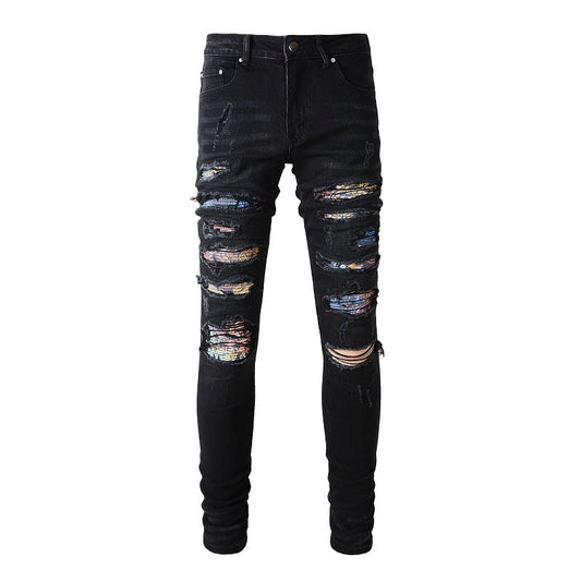 High Street Ripped Patch Jeans Men's Patch Elastic Slim fitting Pants #875