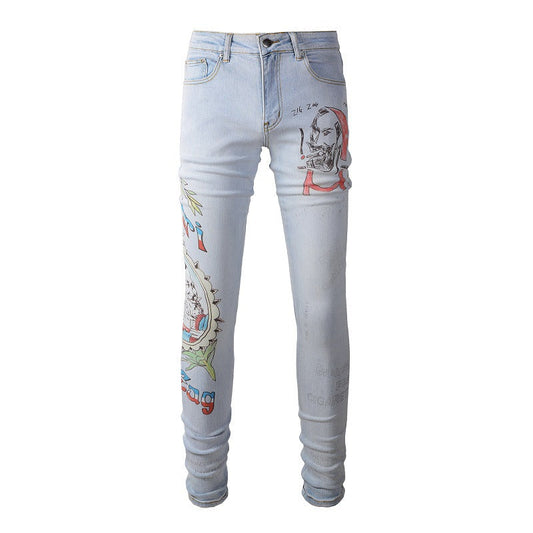 863 Digital Printing Jeans High craftsmanship Elastic Slim fitting Pants