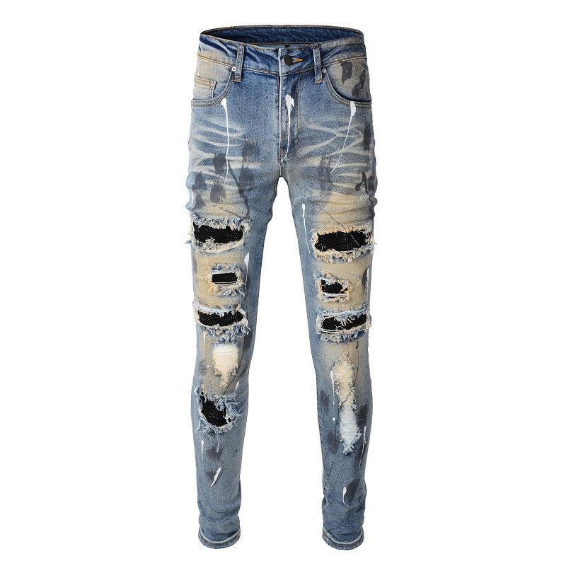 523 Retro Hot Diamond Splashing Ink Patch Elastic Slim Small Foot Jeans