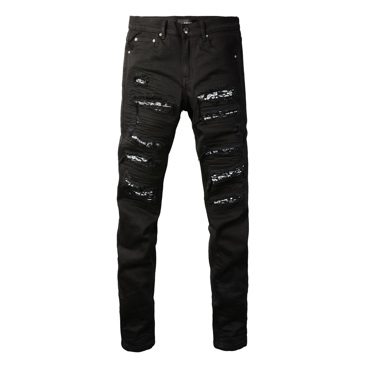 Jean slim stretch noir avec design polyvalent et empiècements en similicuir 8607