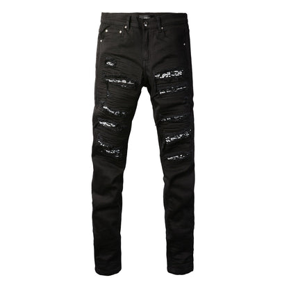 Jean slim stretch noir avec design polyvalent et empiècements en similicuir 8607