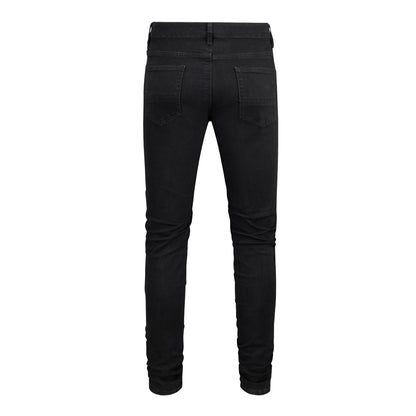 Vaqueros negros ajustados para hombre con parches, detalles arrugados y diseño roto 569