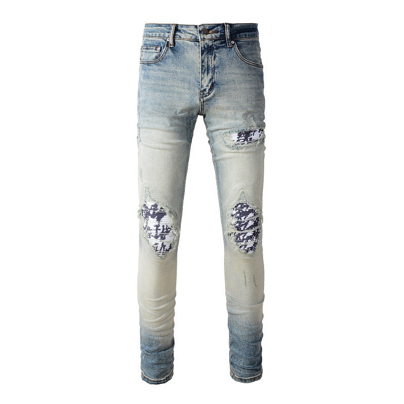 High Street Jeans Men's Ripped Black and White Patch Beggar Slim Jeans #1336