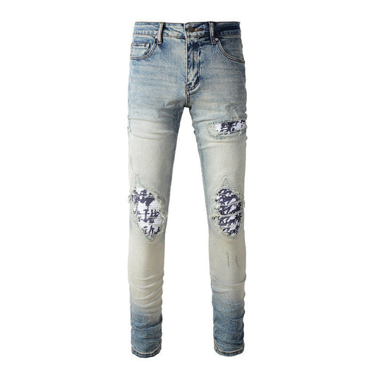 High Street Jeans Men's Ripped Black and White Patch Beggar Slim Jeans #1336