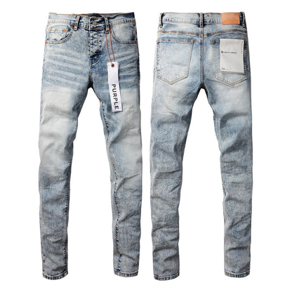 New Pop Style Purple Mens Bleach Pants Made Old Skinny Blue Denim Jeans 9053