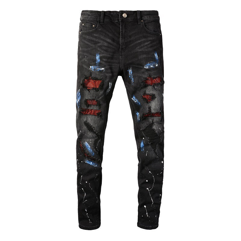 8616 Jeans Paint Ripped Patch Men's Jeans Slim High Street
