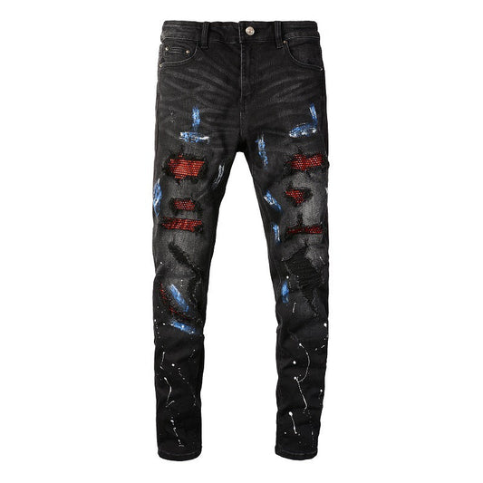 8616 Jeans Paint Ripped Patch Men's Jeans Slim High Street
