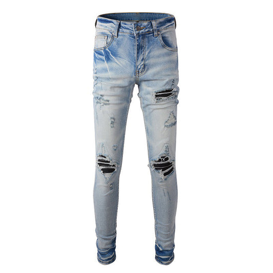 High Street Jeans Men's Ripped Patch Jeans Slim Fit Pants