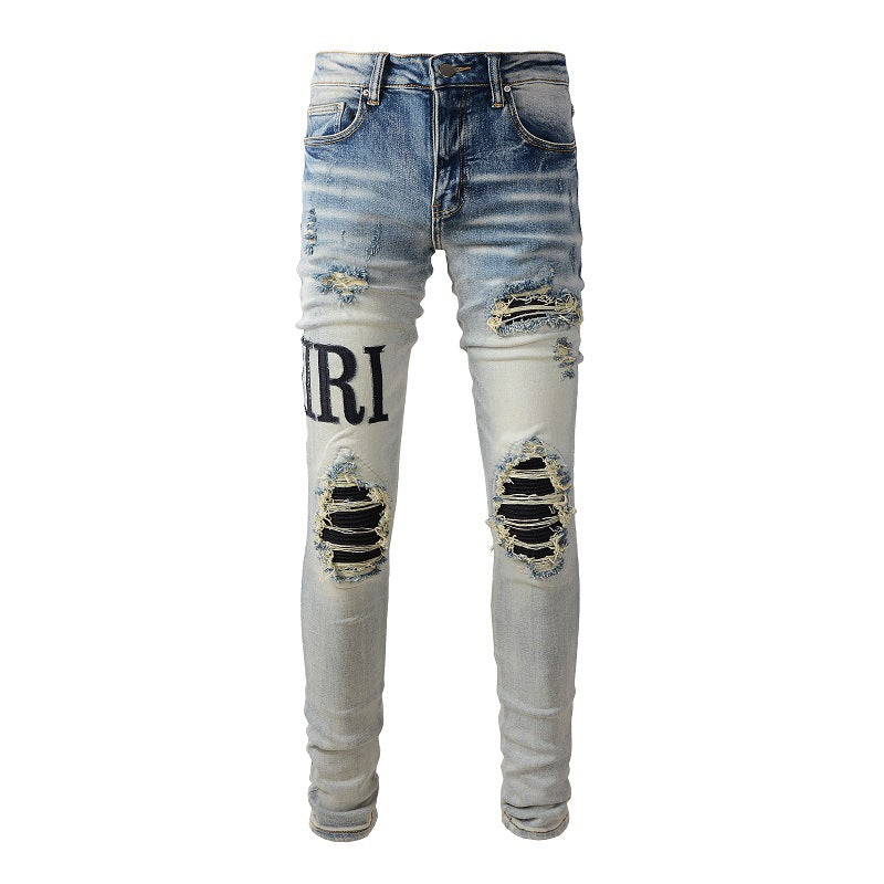 High Street Jeans Pantalon slim et fin pour homme avec patch déchiré 866