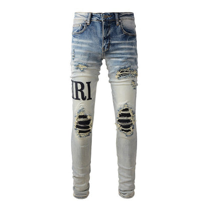 High Street Jeans Pantalon slim et fin pour homme avec patch déchiré 866