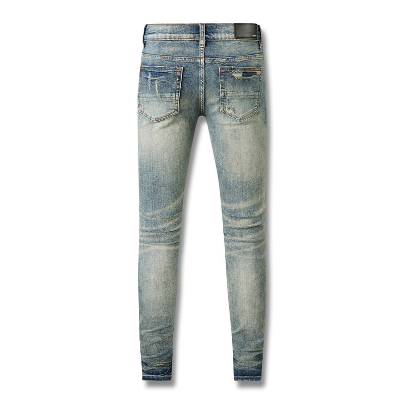 Jean slim skinny droit pour homme 8602, denim déchiré non élastique avec déchirures aux genoux