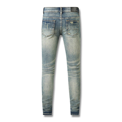 Jean slim skinny droit pour homme 8602, denim déchiré non élastique avec déchirures aux genoux