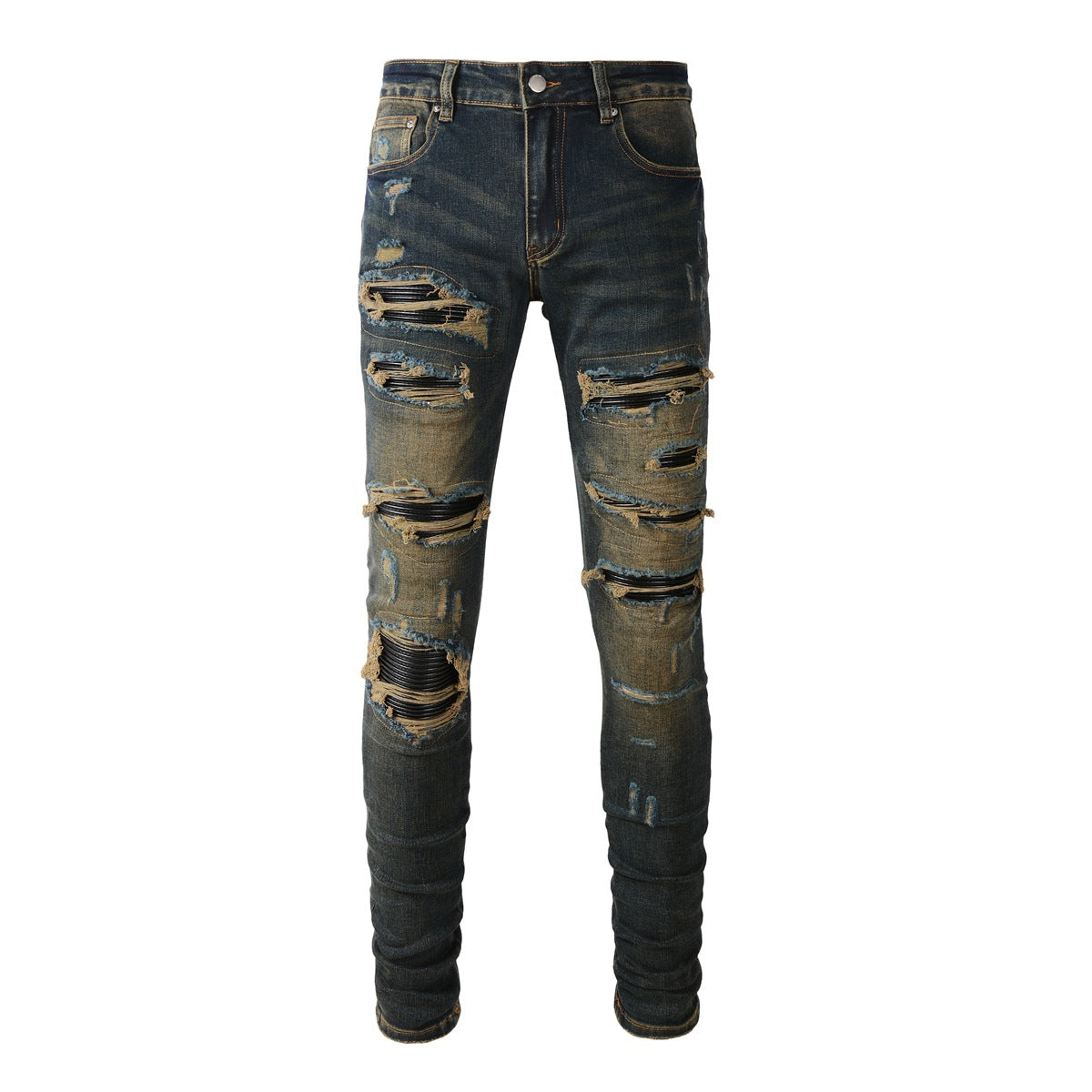 Jean slim stretch noir avec délavage vintage et détails en similicuir 8832