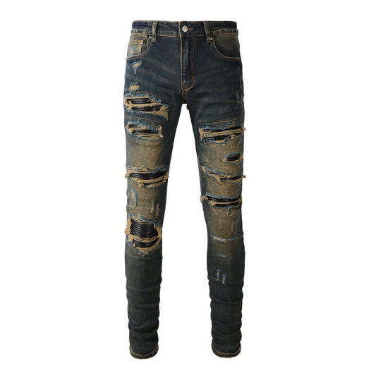 Slim Fit Black Stretch Jeans with Vintage Wash and Faux Leather Accents 8832