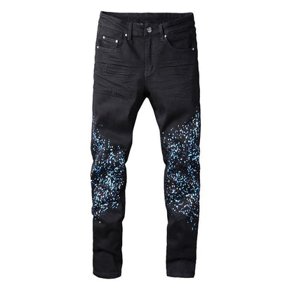 818 Street Denim Casual Trousers Micro elastic Cotton Youth Black Splashed Paint Skinny Jeans