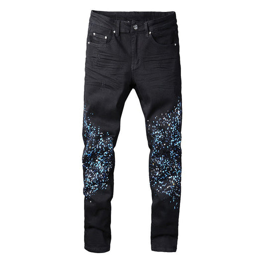 818 Street Denim Casual Trousers Micro elastic Cotton Youth Black Splashed Paint Skinny Jeans