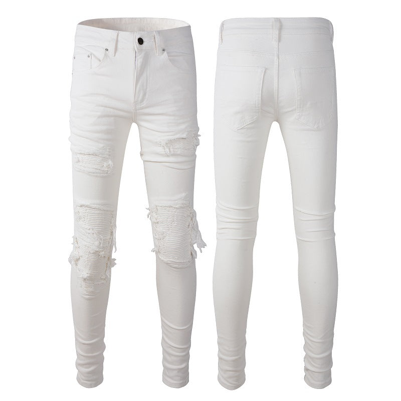 High Street Men's Slim Fit Jeans Ripped Patch Pants White Casual Jeans 7592