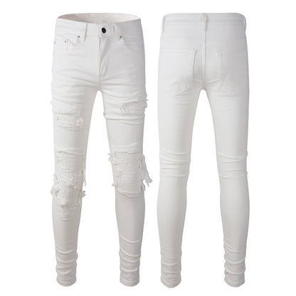 High Street Men's Slim Fit Jeans Ripped Patch Pants White Casual Jeans 7592