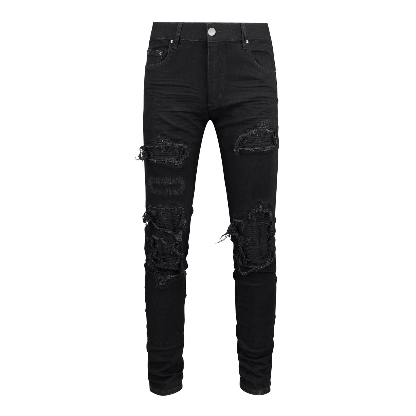 Vaqueros negros ajustados para hombre con parches, detalles arrugados y diseño roto 569