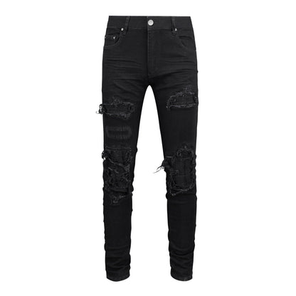 Vaqueros negros ajustados para hombre con parches, detalles arrugados y diseño roto 569